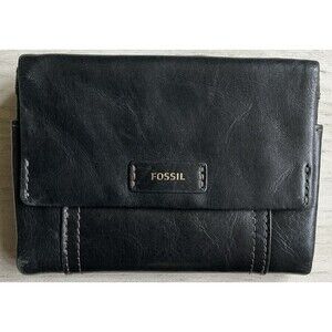 Fossil Ellis Black Leather Bifold Multi-Pocket Wallet EUC
